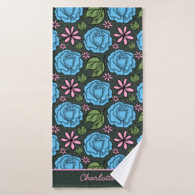 Blue pink floral seamless pattern personalized  bath towel (Bath Towel)