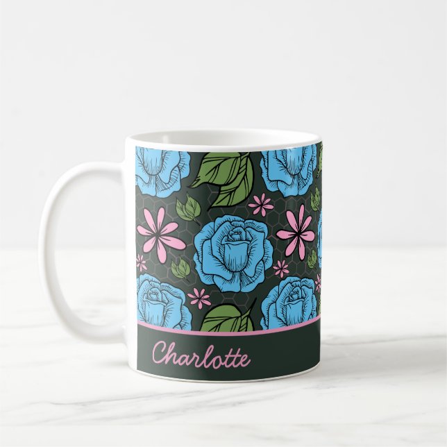 Blue pink floral seamless pattern personalized coffee mug (Left)