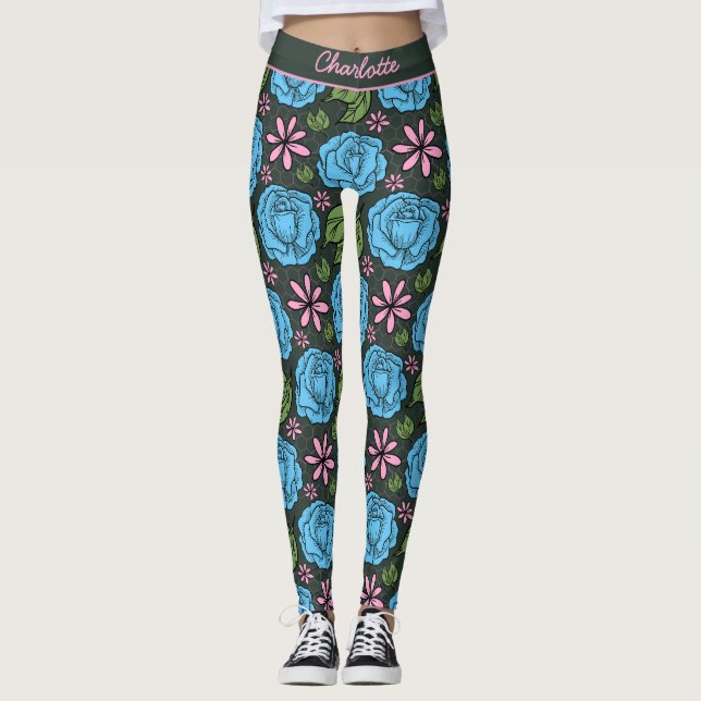 Blue pink floral seamless pattern personalized  leggings (Front)
