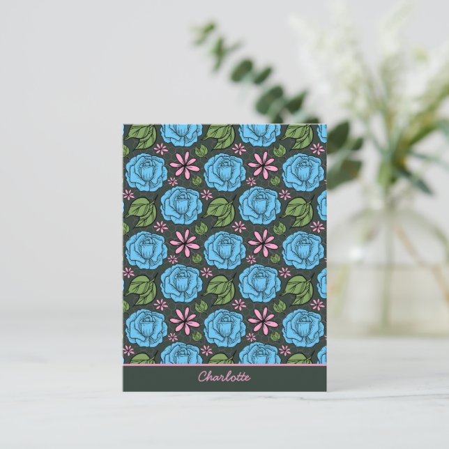 Blue pink floral seamless pattern personalized postcard (Standing Front)