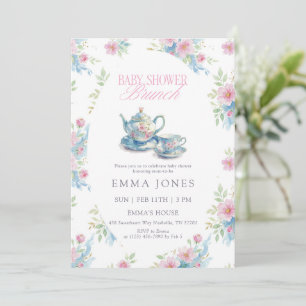 Blue Pink Floral Tea Party Baby Shower Invitation