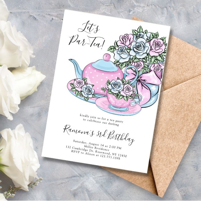 Blue Pink Floral Tea Party Birthday Party Invitation (Creator Uploaded)