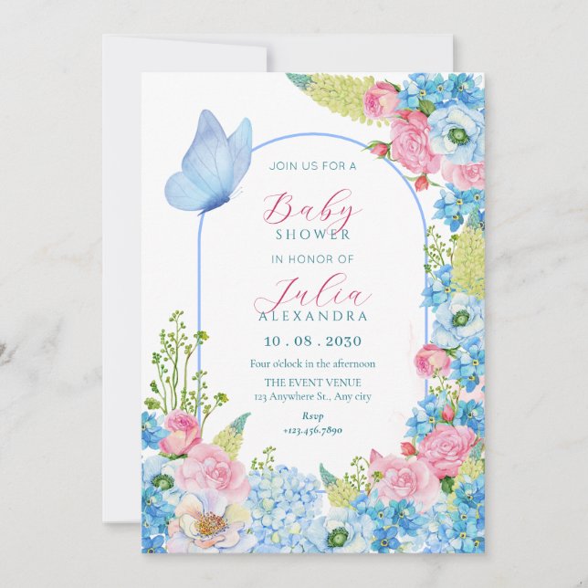 Blue pink flower bloom butterfly baby shower invitation (Front)