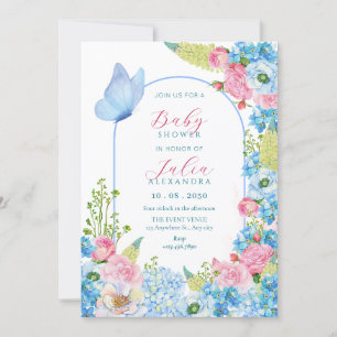 Blue pink flower bloom butterfly baby shower invitation