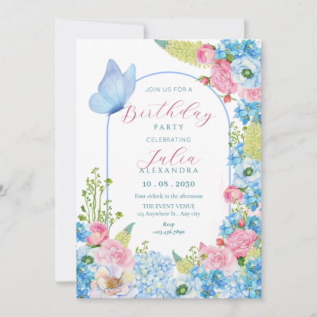 Blue pink flower bloom butterfly birthday invitation (Front)