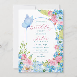 Blue pink flower bloom butterfly birthday invitation