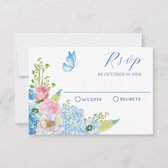 Blue pink flower bloom butterfly RSVP card (Front)