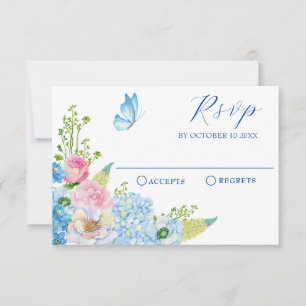 Blue pink flower bloom butterfly RSVP card