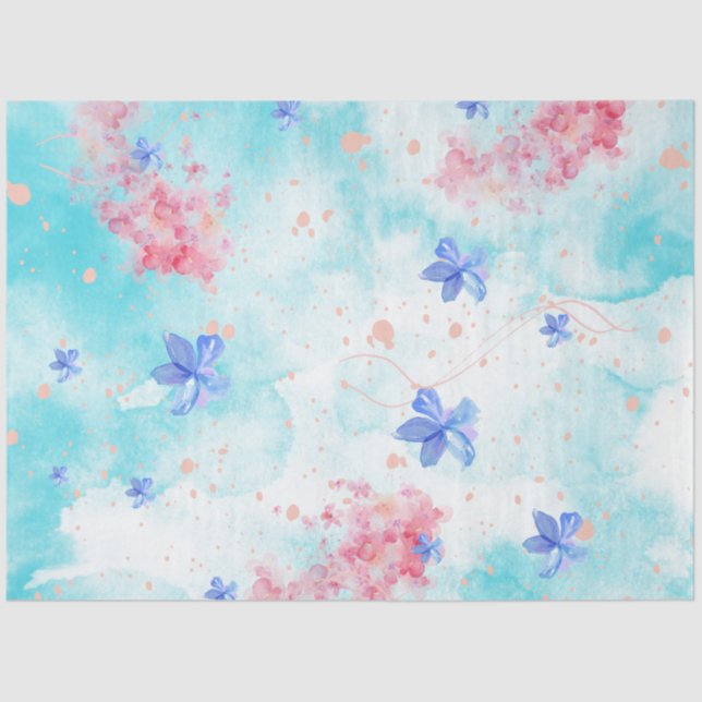 Blue pink flower pattern decoupage elegant  tissue paper (Front)