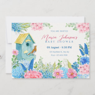 Blue pink flowers bird baby shower invitation