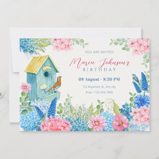 Blue pink flowers bird birthday  invitation (Front)