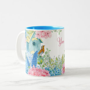 Blue pink flowers bird Two-Tone coffee mug