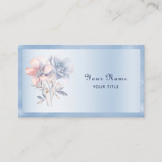 Blue Pink Flowers Business Card (Front)