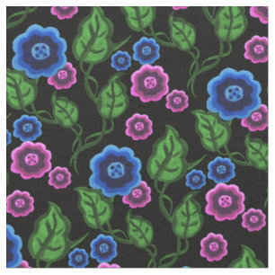 Blue/pink flowers/green leaves/Folk floral/black Fabric