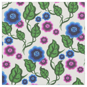 Blue/pink flowers/green leaves/Folk  floral Fabric
