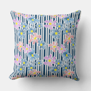 Blue pink flowers on striped white-blue background throw pillow