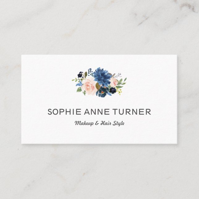 Blue Pink Flowers Professional Makeup Hair Style Business Card (Front)