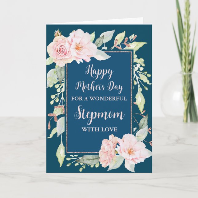 Blue Pink Flowers Stepmom Happy Mother's Day  Card (Front)