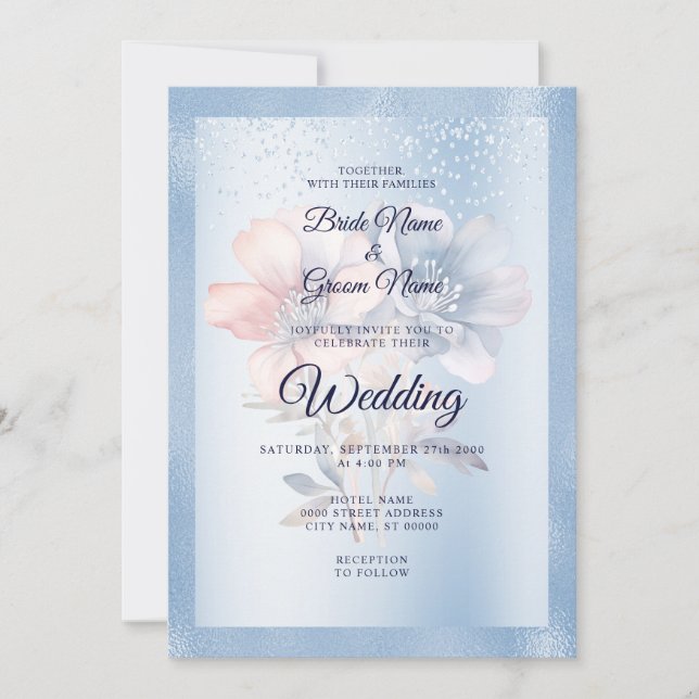 Blue Pink Flowers Wedding Invitation (Front)