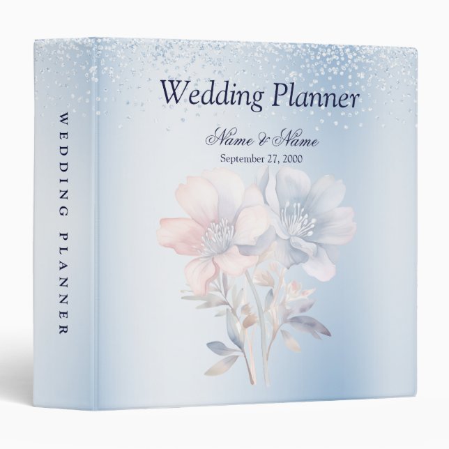 Blue Pink Flowers Wedding Planner Binder (Front/Spine)