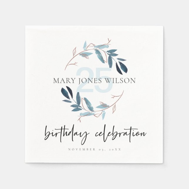 BLUE PINK FOLIAGE WREATH ANY AGE 25TH  BIRTHDAY NAPKIN (Front)