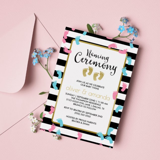 Blue & Pink Footprints Twins Naming Ceremony Invitation (Creator Uploaded)