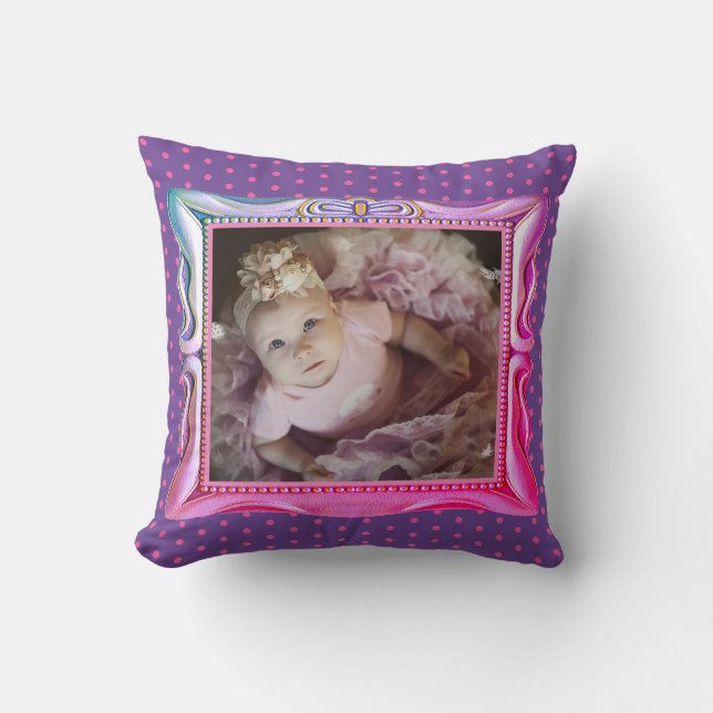 Blue & Pink Frame Pink Dots Purple Baby Photo DIY Throw Pillow (Front)