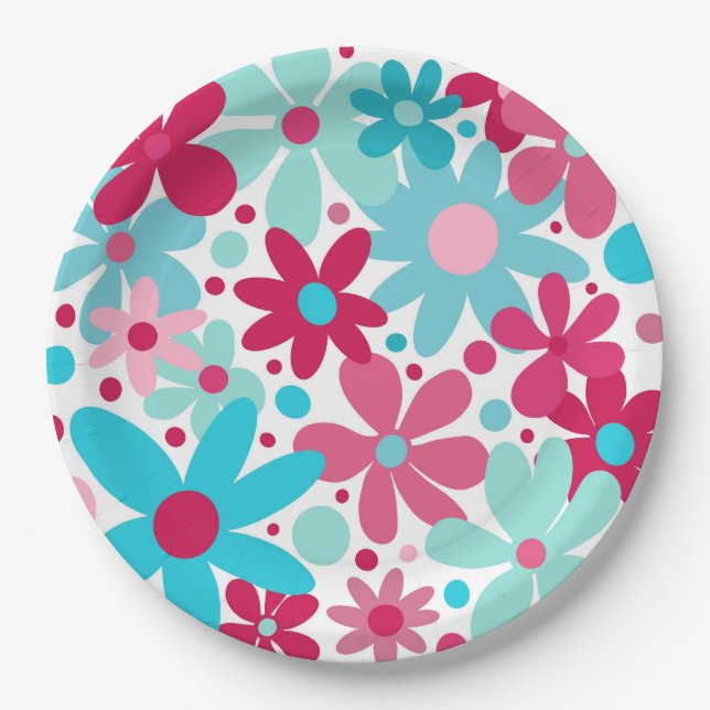 Blue & pink funky flowers paper plates (Front)