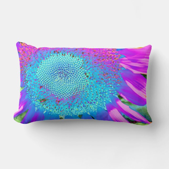 Blue pink funky retro sunflower photo lumbar pillow (Front)