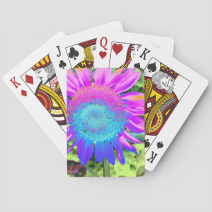 Blue pink funky retro sunflower photo playing cards