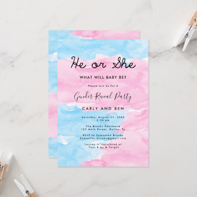 Blue & Pink Gender Reveal Party Invitation  (Front/Back In Situ)