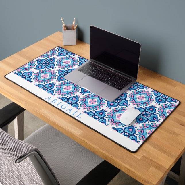 Blue pink geometric Mediterranean tile pattern     Desk Mat (Office 2)