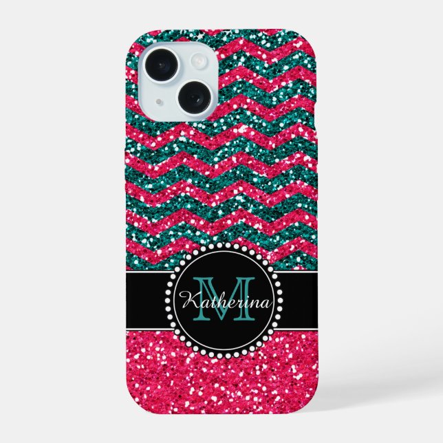 Blue & Pink Glitter Chevron Personalized Defender iPhone 15 Case (Back)