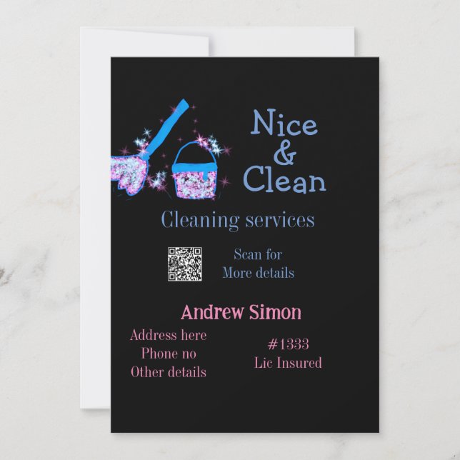 Blue pink glitter clean mop add name address q r b holiday card (Front)