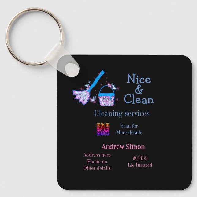 Blue pink glitter clean mop add name address q r b keychain (Front)