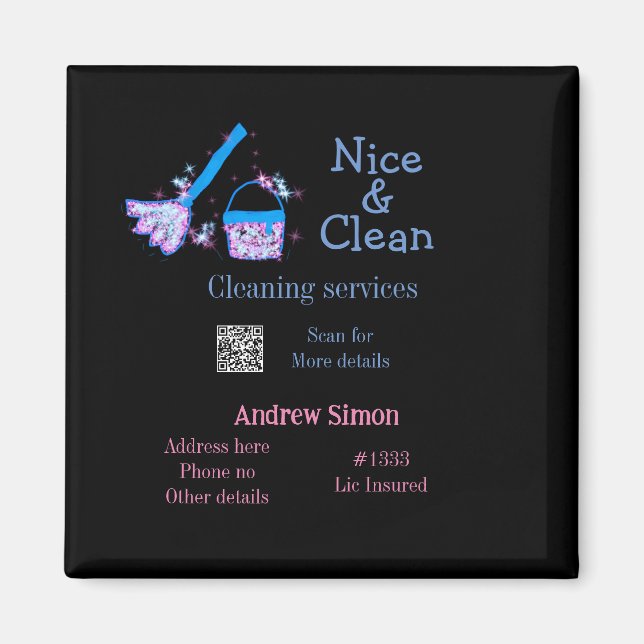 Blue pink glitter clean mop add name address q r b magnet (Front)