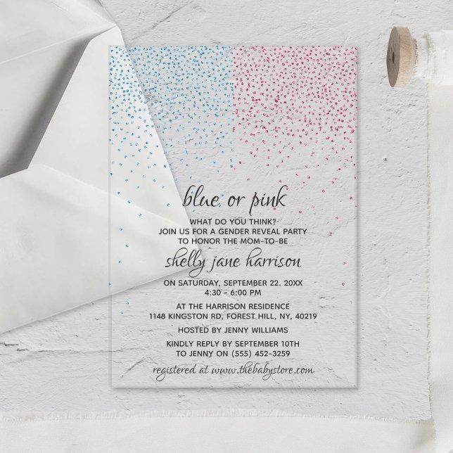 Blue & Pink Glitter Confetti Gender Reveal Party Acrylic Invitations (Creator Uploaded)