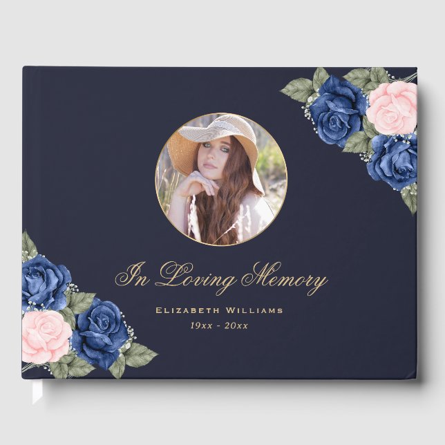 Blue Pink Gold Floral Memorial Funeral Photo Guest Book (Front)