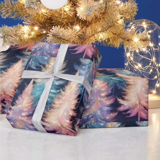 Blue Pink Gold Light Trees Modern Christmas Wrapping Paper (Holidays)