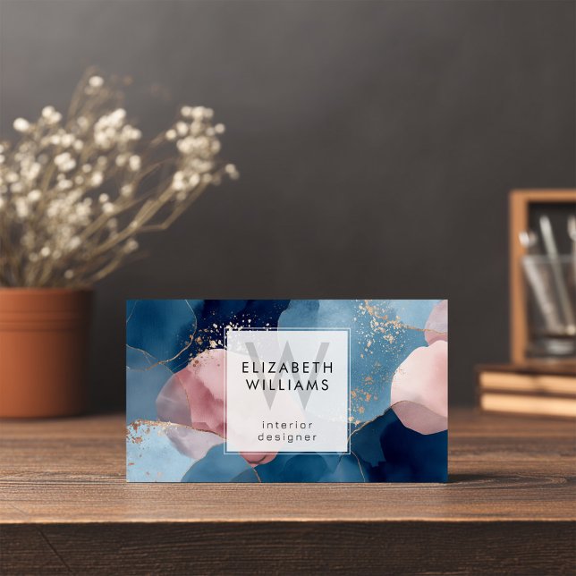 Blue Pink Gold Monogram Modern Business Card (Creator Uploaded)