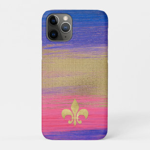 Blue, PInk, Gold Painted Canvas with Fleur de lis iPhone 11 Pro Case