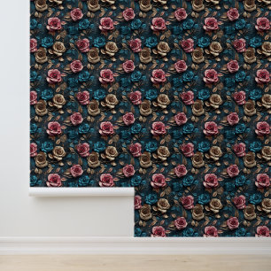 Blue Pink Gold Roses Floral Wallpaper