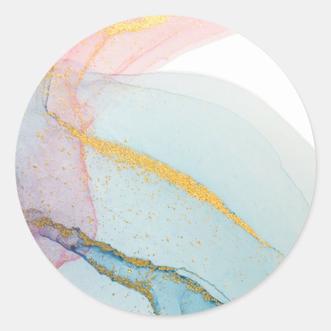 Blue Pink Gold Watercolor  Classic Round Sticker (Front)