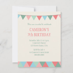 Blue Pink Green String Pennon Kids Birthday Invitation