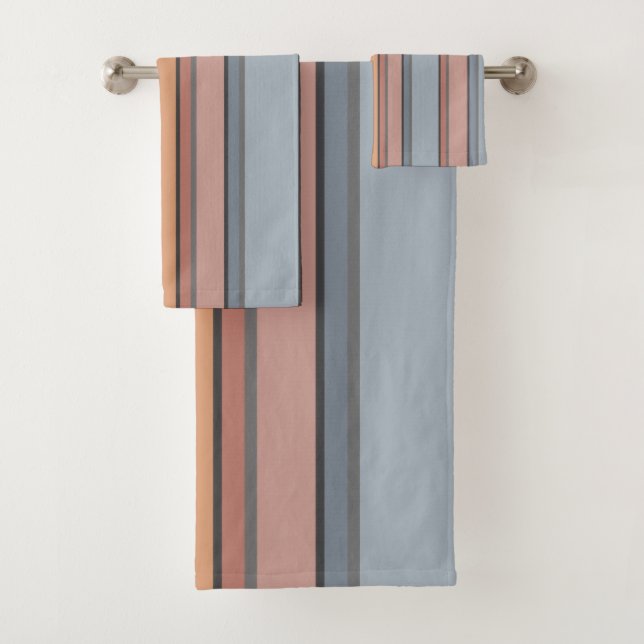 Blue Pink Grey Colour Block Vertical Stripes Bath Towel Set (Insitu)