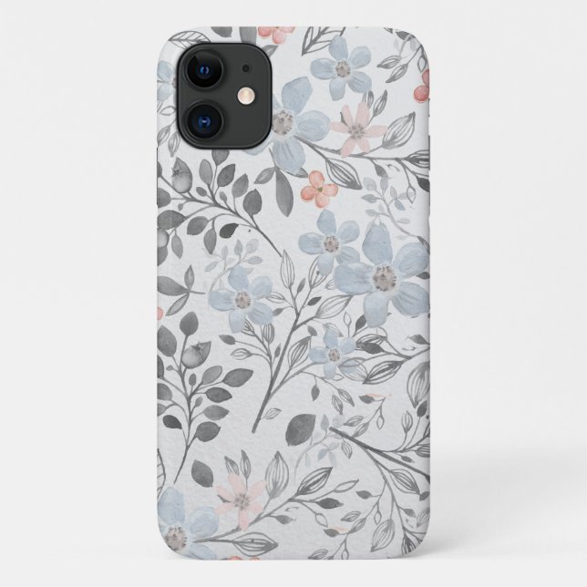 Blue Pink Grey Floral Botanical Flowers Leaves  Case-Mate iPhone Case (Back)
