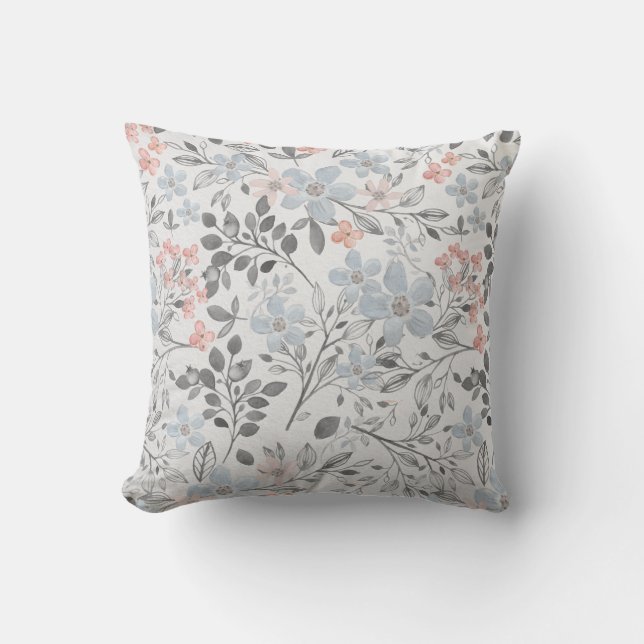 Blue Pink Grey Floral Botanical Flowers Leaves Throw Pillow (Front)