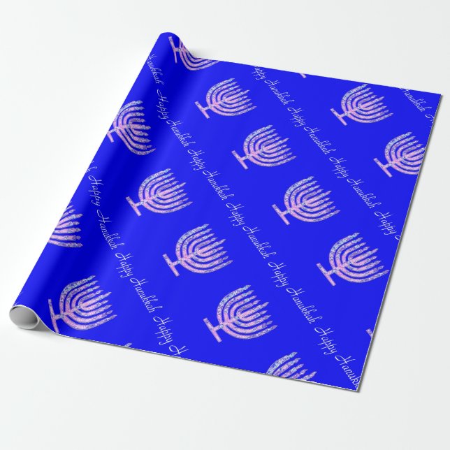 Blue Pink Hanukkah Menorah 4 Laura Wrapping Paper (Unrolled)