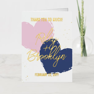 Blue Pink Hearts Gold Names Thank You Foil Greeting Card