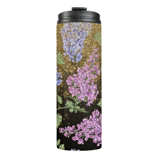 *~* Blue Pink HYDRANGEA Gold Glitter Floral Thermal Tumbler (Front)